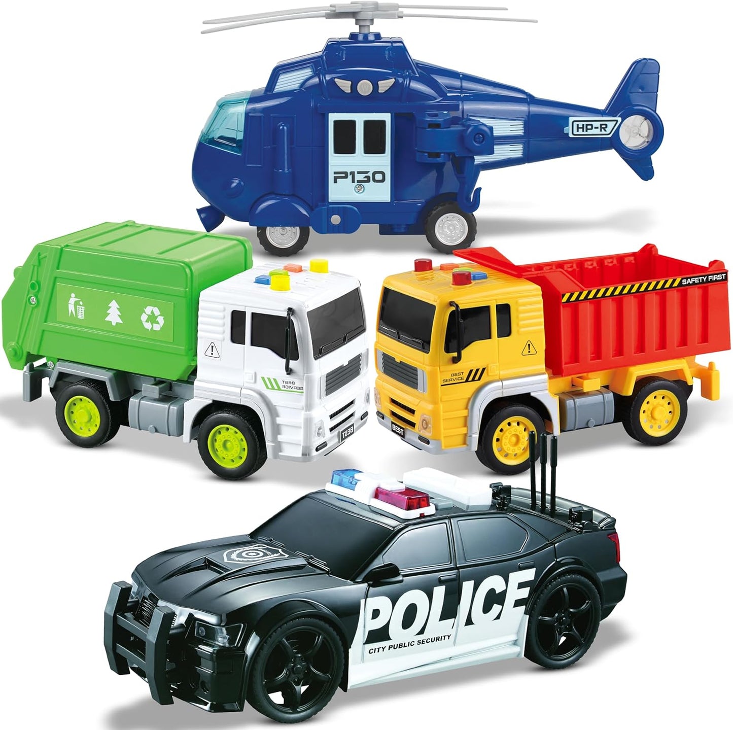 City Car Toy Playset of 4 Vehicles - Friction-Powered w/ Realistic Lights & Sounds