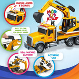 Camiones de plataforma con excavadora de juguete para niños: camiones de plataforma con juguetes de construcción impulsados ​​por fricción 