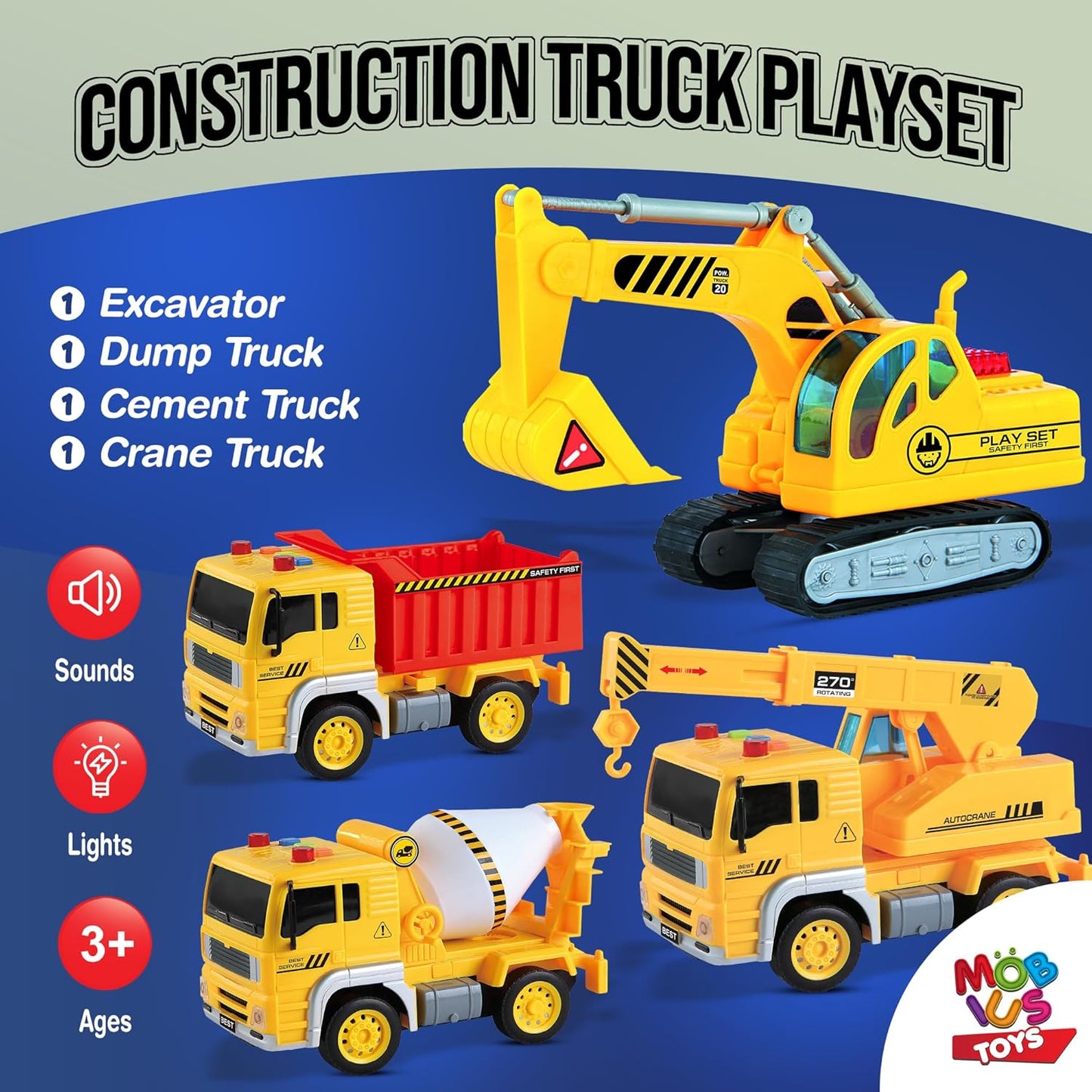 Construction Truck Playset for Boys and Girls – Includes Crane, Excavator, Dump Truck, Cement Truck