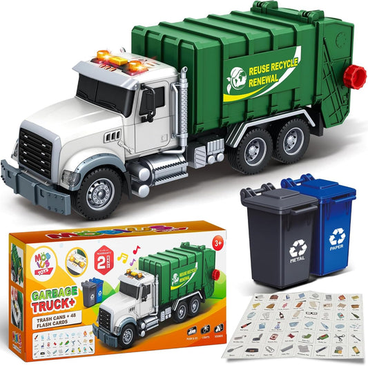 Garbage Truck Toy Set with Garbage Truck, 2 Trash Cans & 48 Flashcards