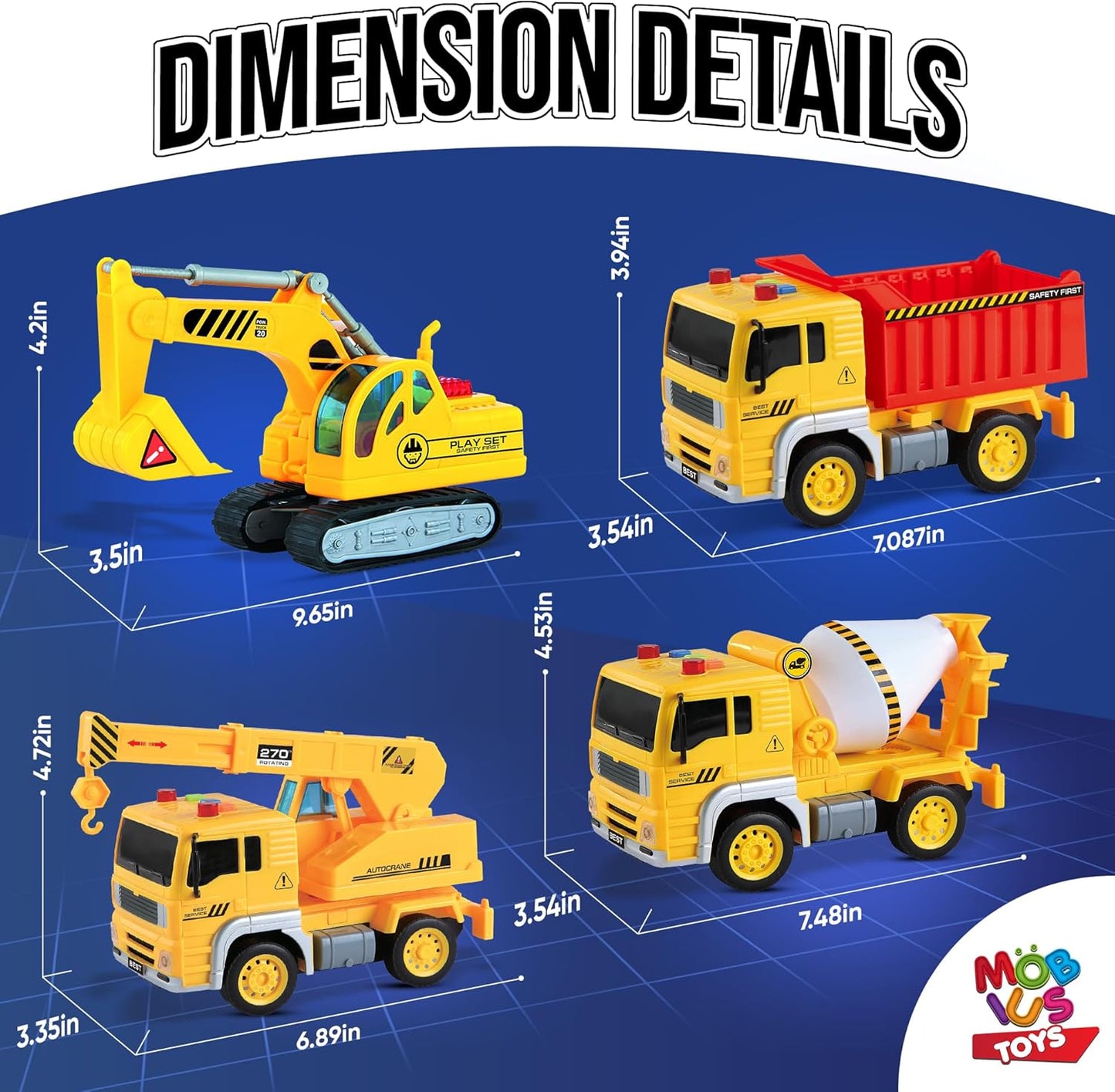 Construction Truck Playset for Boys and Girls – Includes Crane, Excavator, Dump Truck, Cement Truck