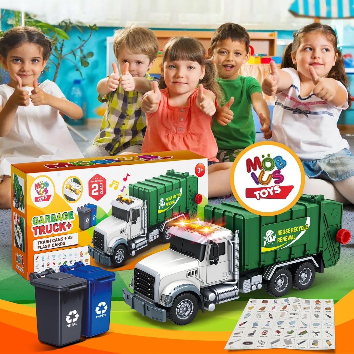 Garbage Truck Toy Set with Garbage Truck, 2 Trash Cans & 48 Flashcards