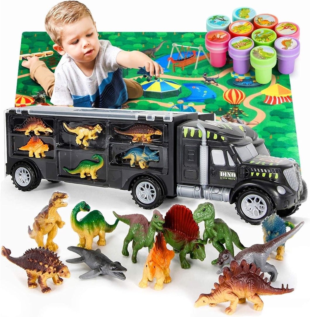 Dinosaur Truck Carrier with 12 Toy Action Figure Dinosaurs with XL Playmat