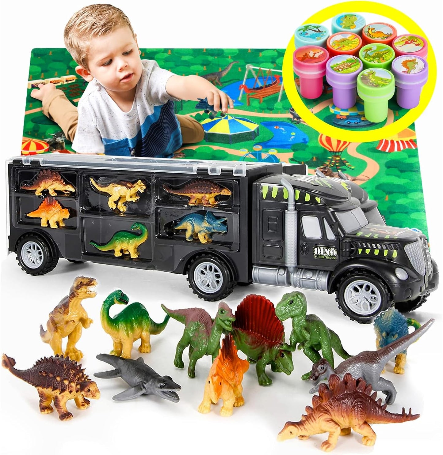 Dinosaur Truck Carrier with 12 Toy Action Figure Dinosaurs with XL Playmat