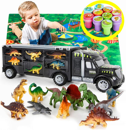 Dinosaur Truck Carrier with 12 Toy Action Figure Dinosaurs with XL Playmat