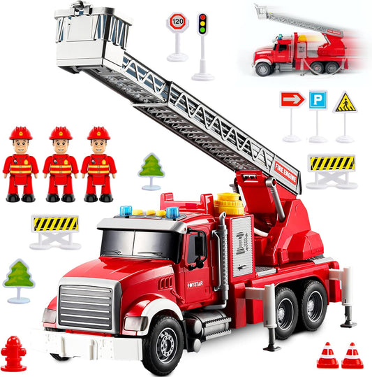 Camión de bomberos de juguete con manguera rociadora de agua, escalera giratoria y 3 bomberos