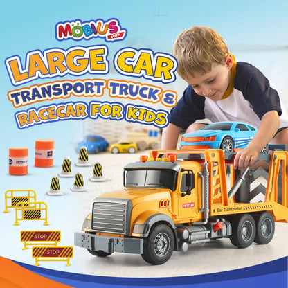 Tow Truck Toy with Race Car – Friction-Powered Tow Trucks for Boys Age 3-5 with Realistic Flashing Lights & Sounds – Playset for Kids Ages 3-9 - Includes 11 Cool Accessories for Interactive Play