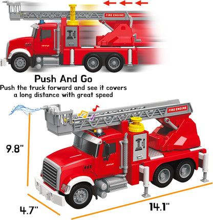 Fire Truck Toy Set with Water Spraying Hose, Rotating Ladder + 3 Fireman Firefighters