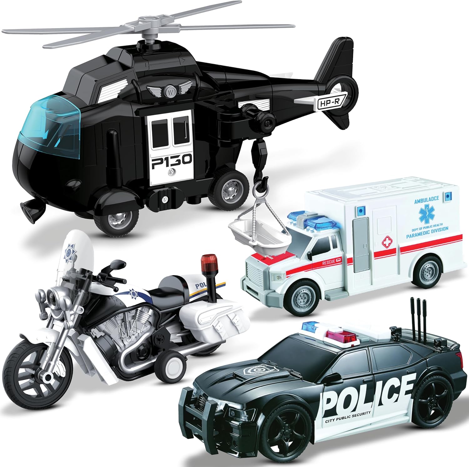 A set of four toy vehicles including a black police car, a white toy ambulance, a black helicopter, and a motorcycle. Each vehicle has a friction-powered push and go system.