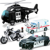 A set of four toy vehicles including a black police car, a white toy ambulance, a black helicopter, and a motorcycle. Each vehicle has a friction-powered push and go system.
