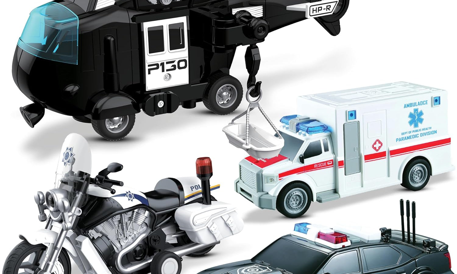 A set of four toy vehicles including a black police car, a white toy ambulance, a black helicopter, and a motorcycle. Each vehicle has a friction-powered push and go system.