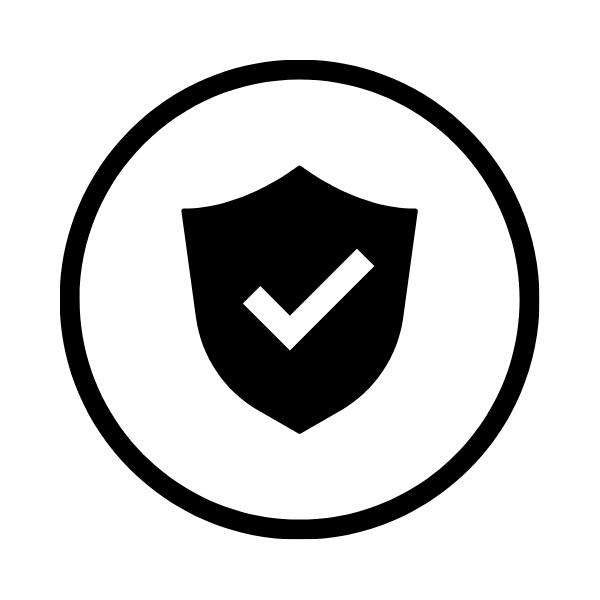 A black circular icon with a shield and checkmark symbol on a white background.