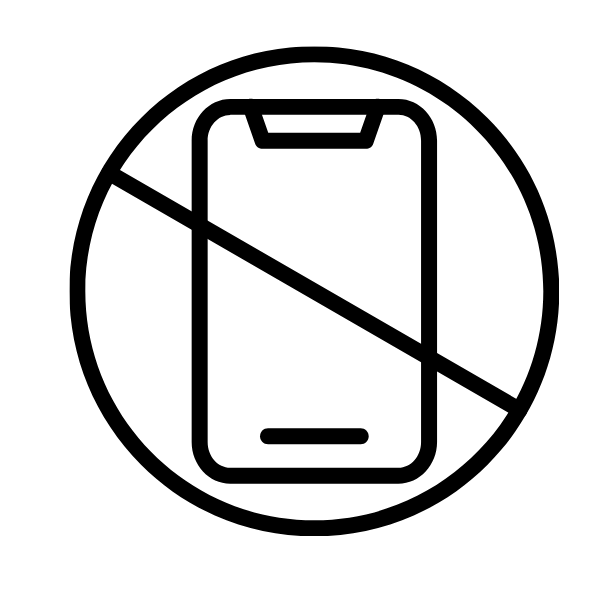 A black line icon of a smartphone inside a circle with a diagonal slash through it, shown on a plain white background.