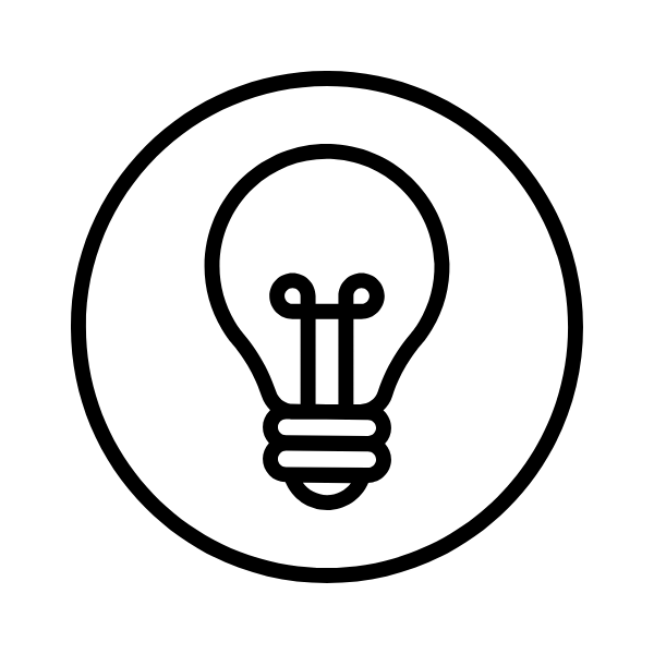 A minimalist black line icon of a light bulb inside a circle on a plain white background.