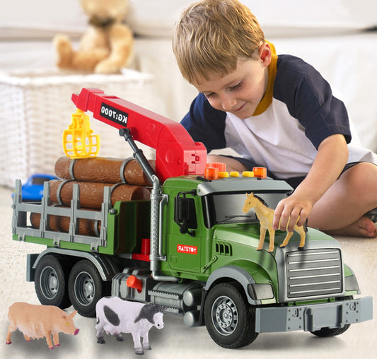 Timber Logging Truck w/ Functional Loading Crane Toy & Bundle of Logs, Large 15" Semi Transport Tow Truck Hauler Playset for Kids, Boys Ages 3 4 5 6 7 8, Lights & Sounds, 6 Farm Animals, Birthday Gift