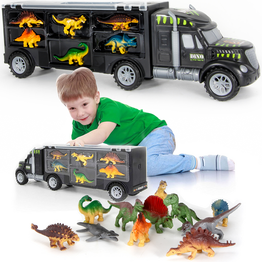 Dinosaur Truck Carrier – 12 Toy Dinosaurs Playset with Dinosaur Truck