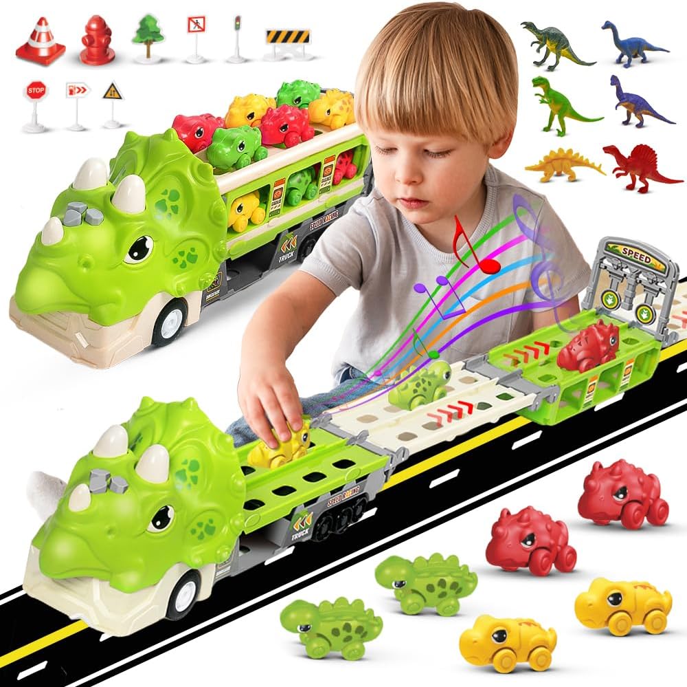 Dino Transport Carrier with Folding Race Track and 6 Race Car Dinosaurs Toys