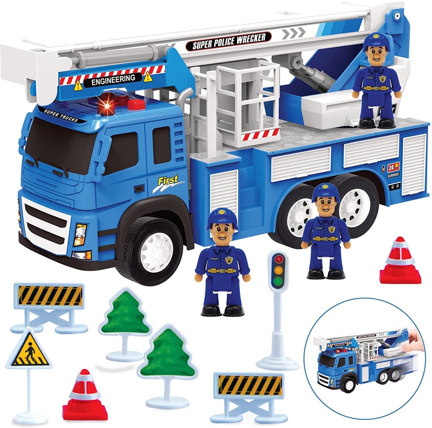 1:12 Scale Police Truck Toy Playset with Realistic Vehicle, Police Officers and Road Signs