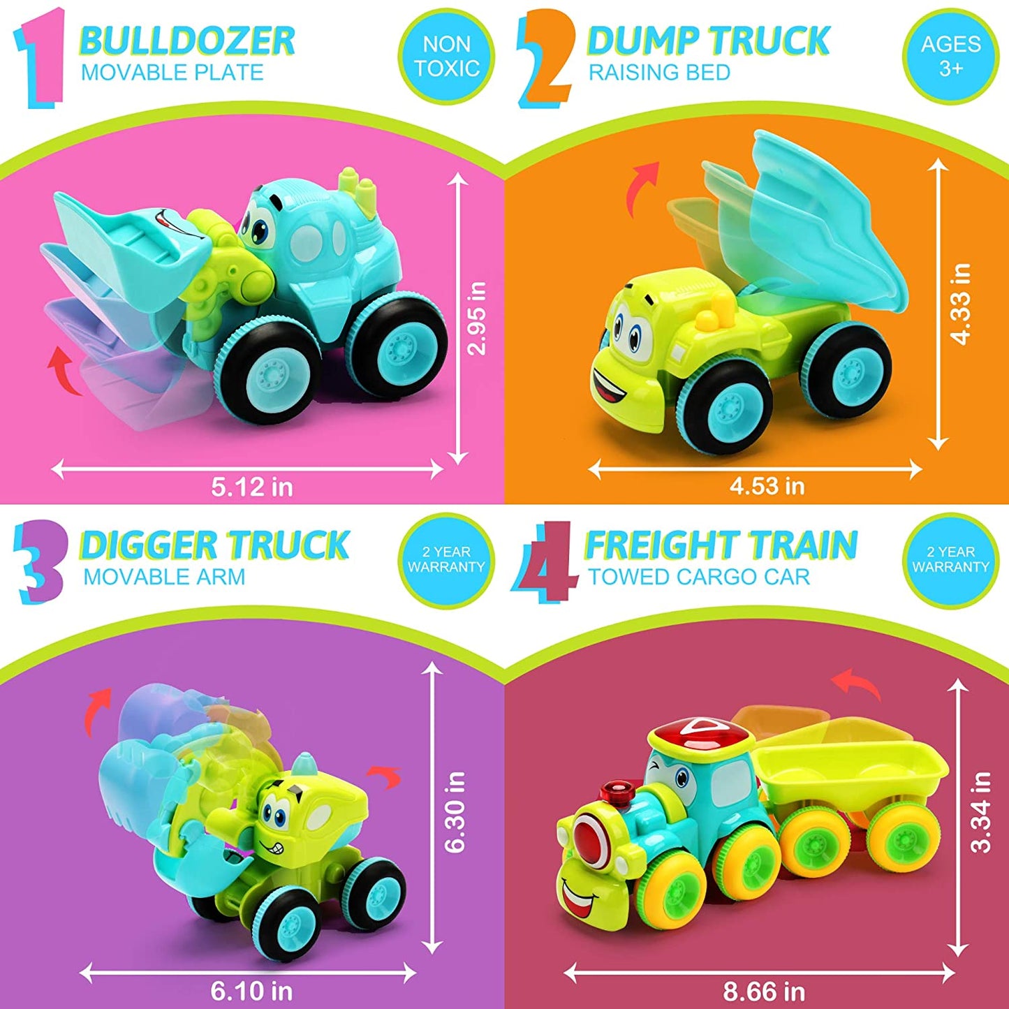 4 Friction Powered Trucks Set | Push and Go Toys for Boys & Girls