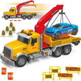 Camión de remolque de juguete con plataforma y grúa y juego de coches de carreras