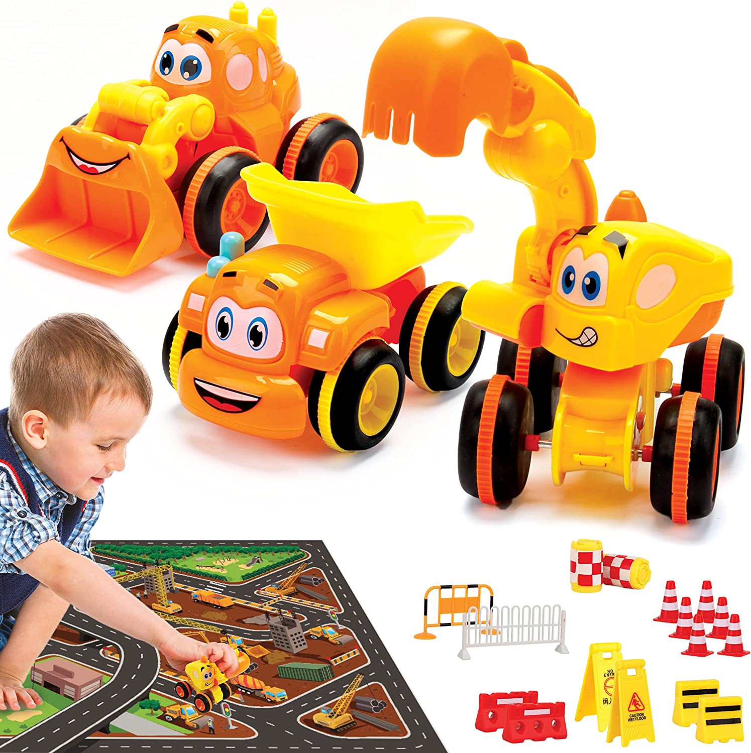 3 Friction Powered Trucks with Accessories | Push and Go Toys for Boys & Girls