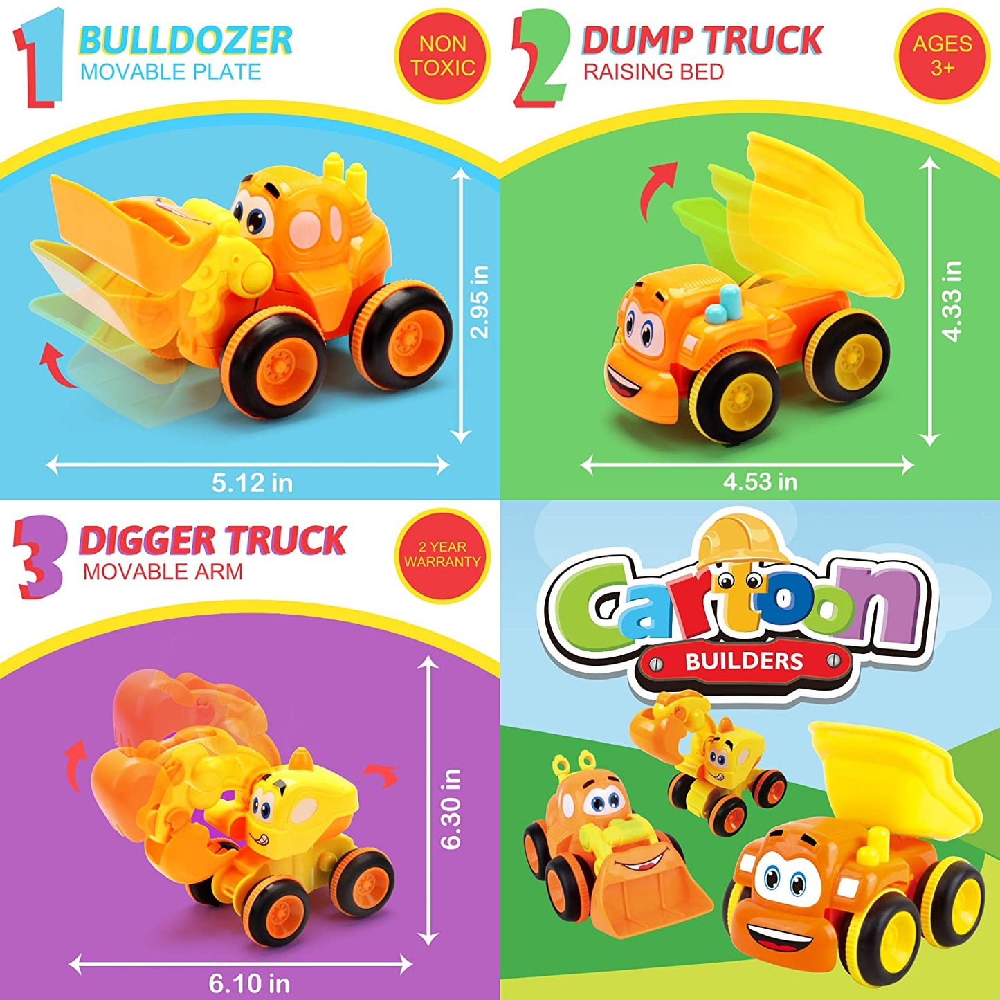 3 Friction Powered Trucks for 2+ Year Old Boys | Push and Go Toys for Boys & Girls