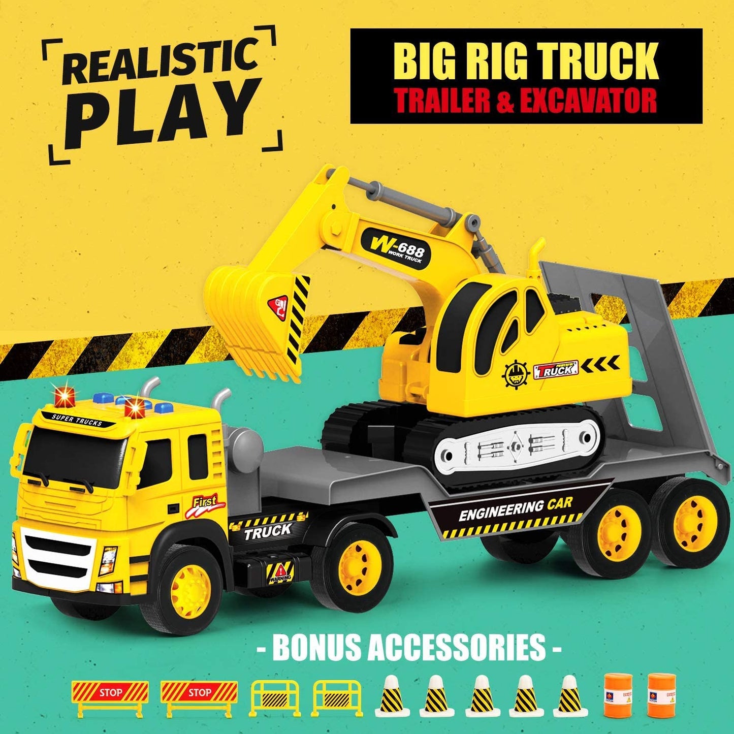 1:12 Scale Flatbed Truck with Excavator Tractor | 2 Trucks with Accessories Toy Set