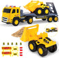 Flatbed Truck with Excavator Tractor | 2 Trucks with Accessories Toy Set