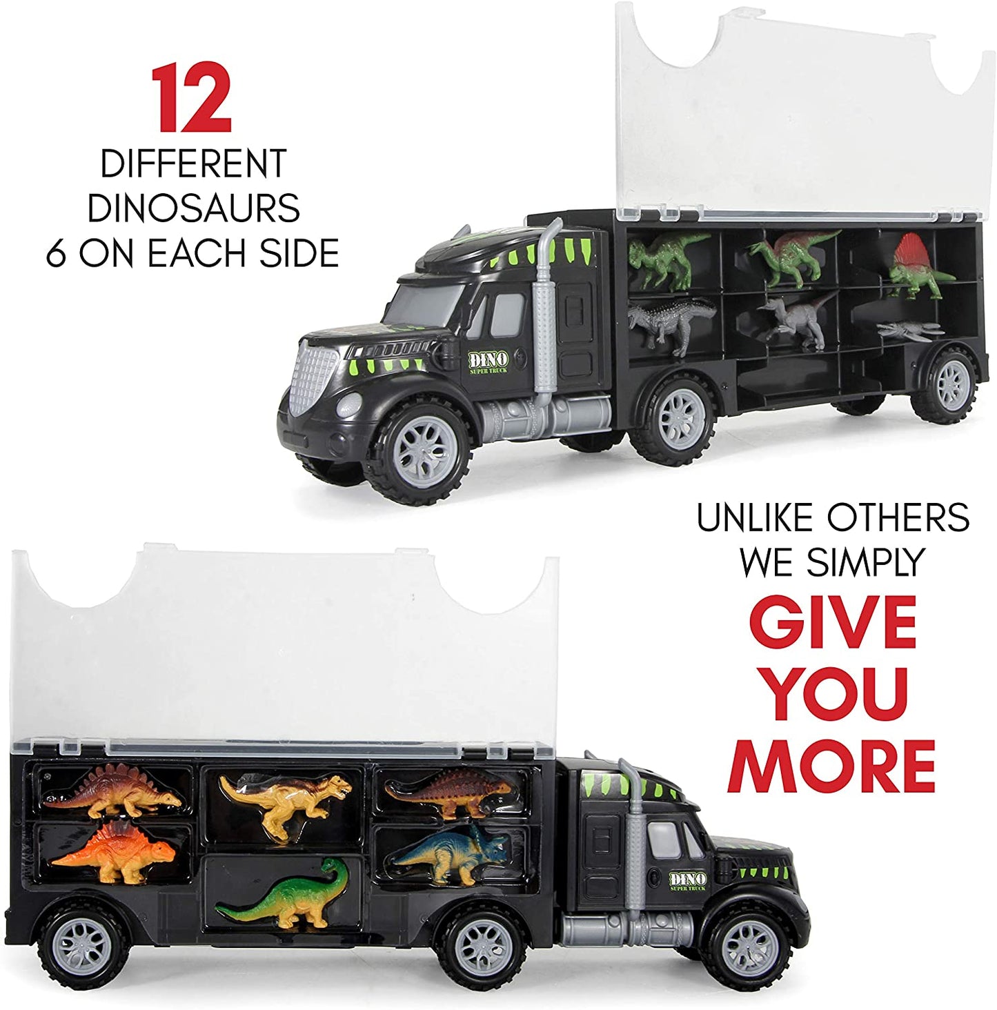 Dinosaur Truck Carrier – 12 Toy Dinosaurs Playset with Dinosaur Truck