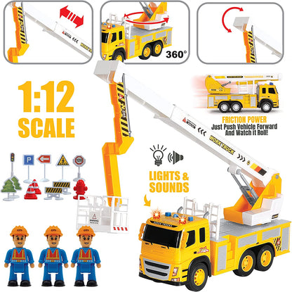 Игрушечный набор «Грузовик-корзина» в масштабе 1:12 с реалистичным транспортным средством, городскими рабочими и дорожными знаками