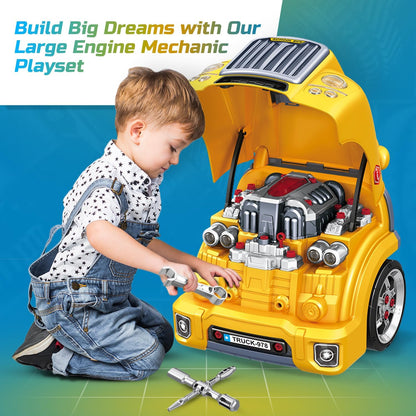 Yellow Large Truck Engine Toys for 4 Year Old Boys - Educational Model Engine Mechanic Build Playset w/Lights & Sounds