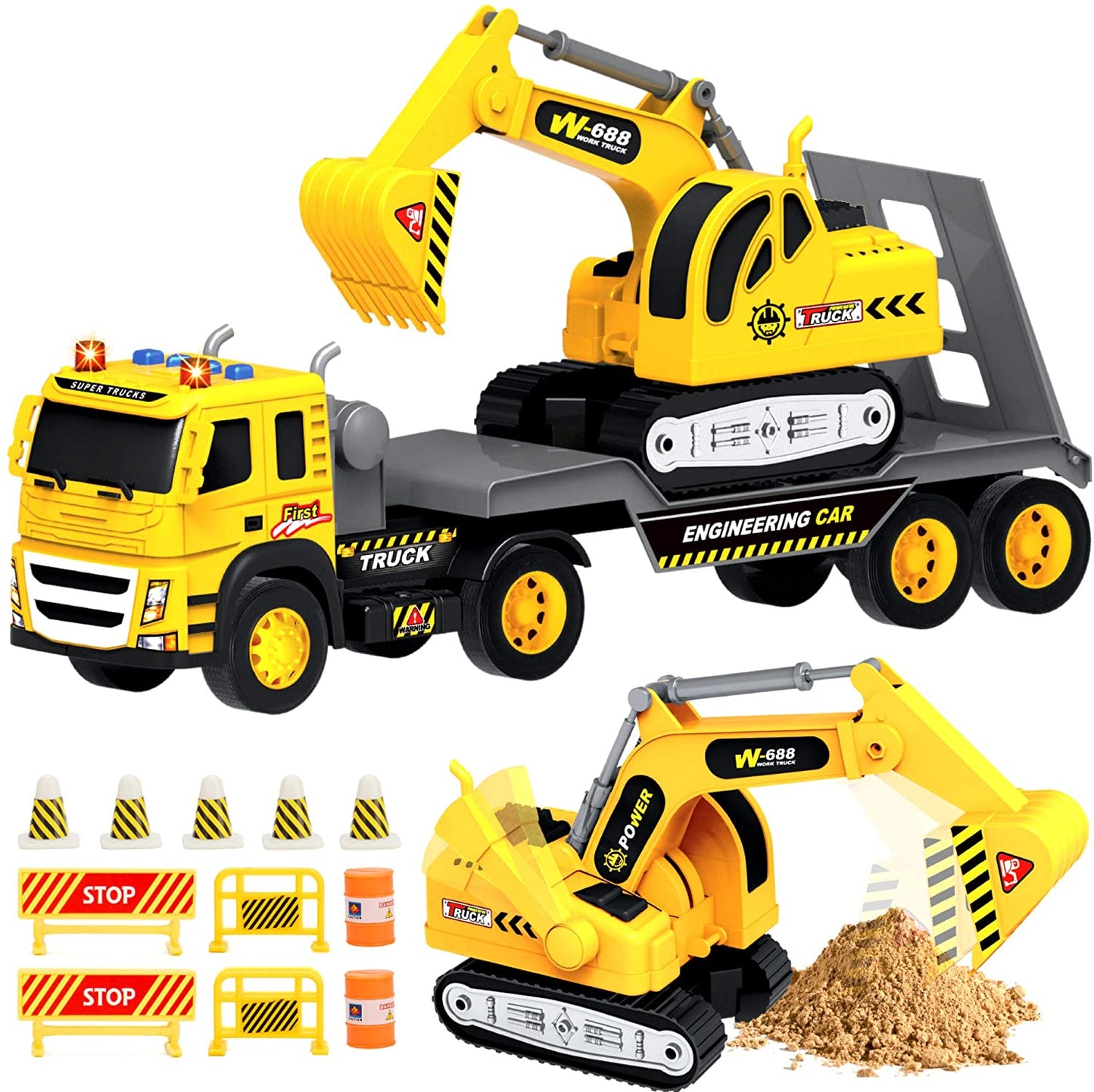1:12 Scale Flatbed Truck with Excavator Tractor | 2 Trucks with Accessories Toy Set