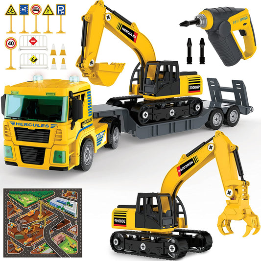 Flatbed Truck w/ Excavator Tractor 188 Pc Take Apart with Playmat