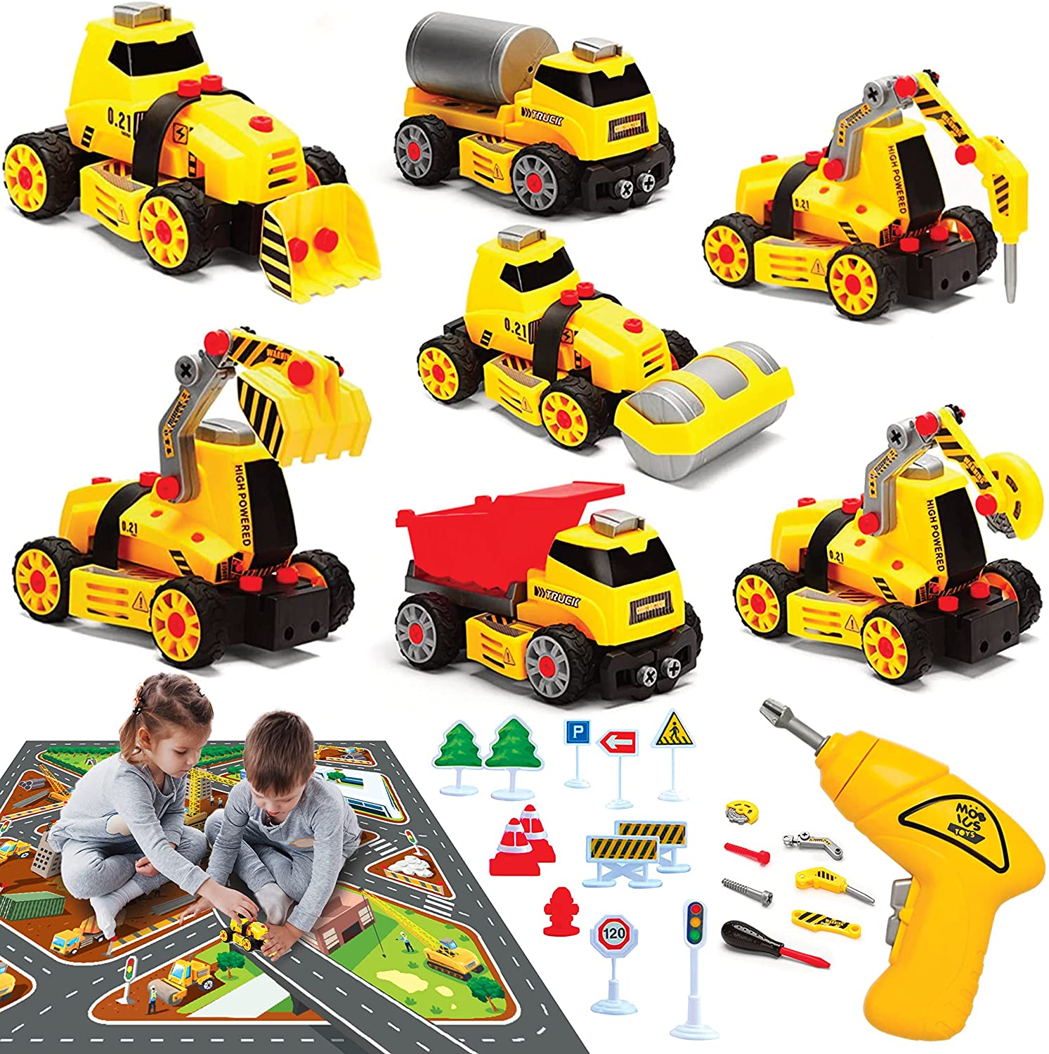 7-in-1 Take Apart Construction Toys with Accessories | Push and Go Toys for Boys and Girls