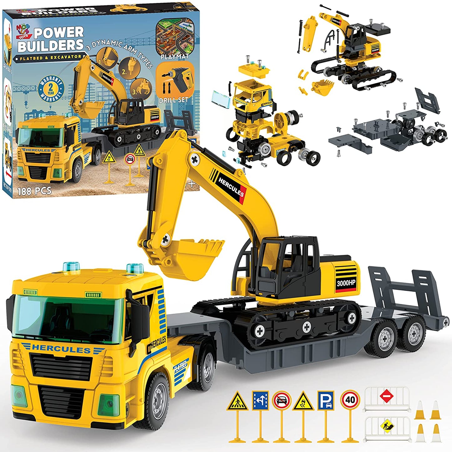 Flatbed Truck w/ Excavator Tractor 188 Pc Take Apart with Playmat
