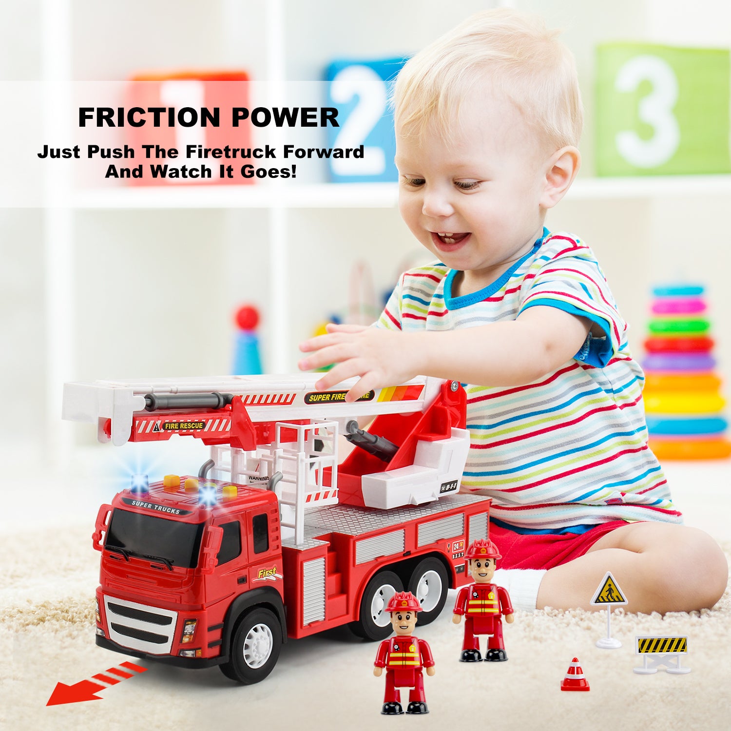  TEMI Juguetes de bomberos para niños y niñas de 3, 4, 5, 6 años,  transporte 5 en 1 para niños pequeños de 1 a 3 años, vehículos de fricción  para niños