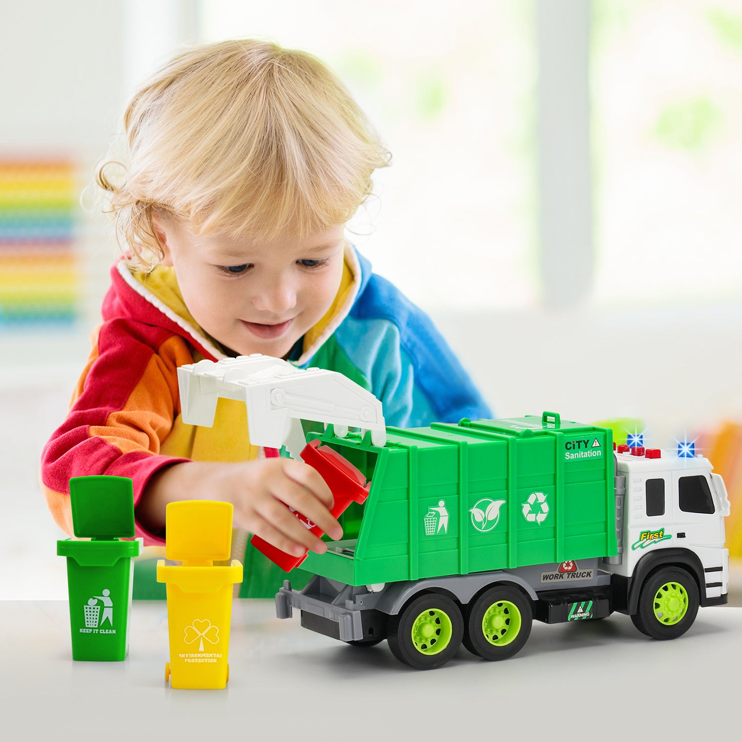 Clover Baby & Kids Garbage Recycling Trucks Two Piece Set, Sleep And Play