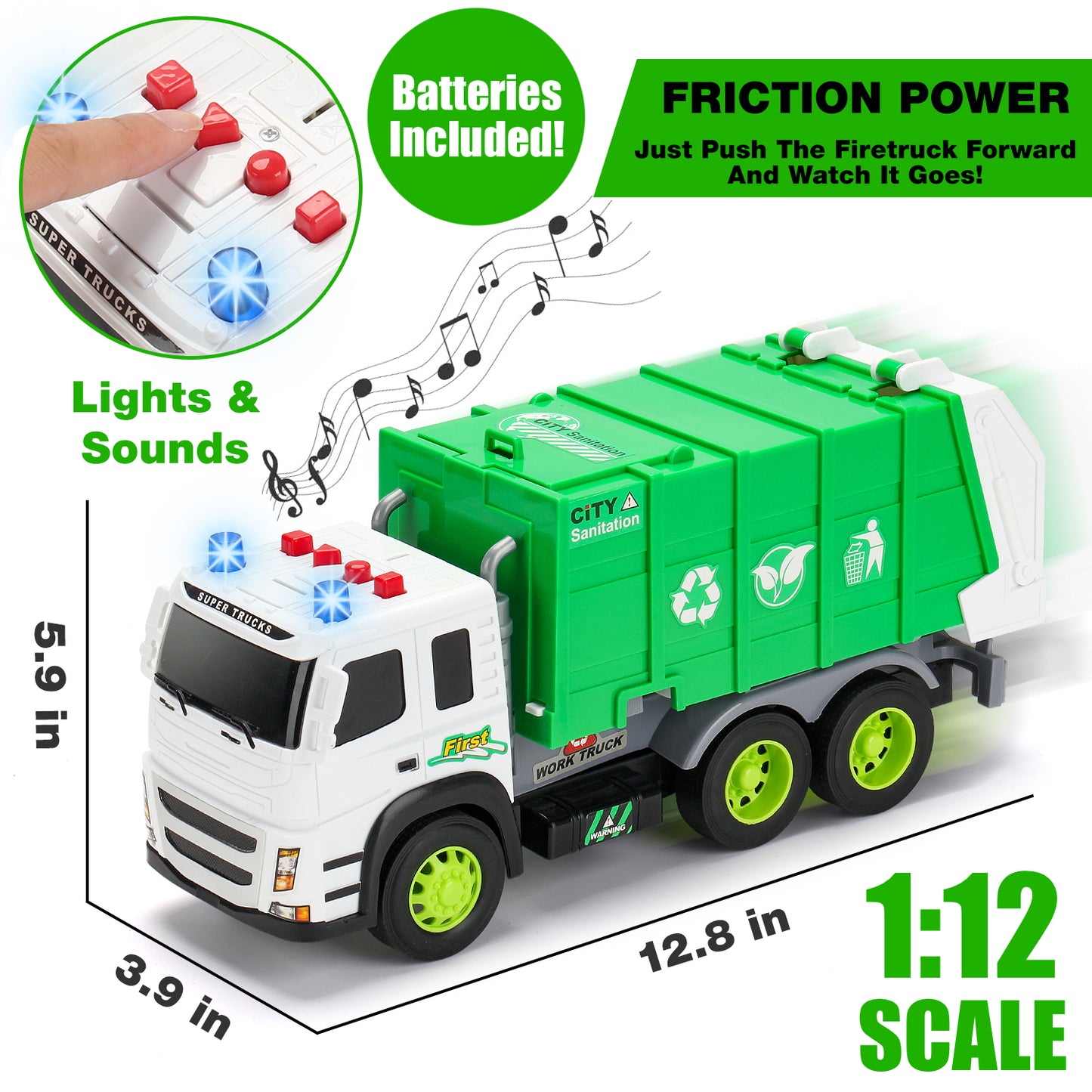 Camión de basura a escala 1:12 accionado por fricción