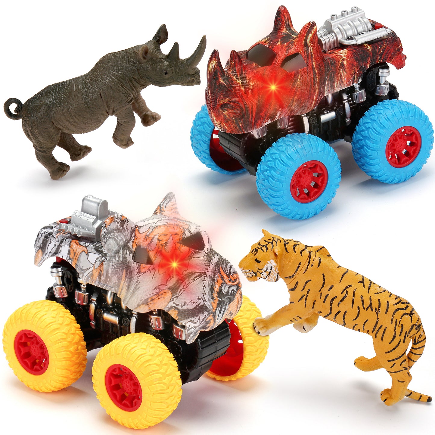Monster Truck Toy Set - 2 Trucks + 2 Toy Animals | Push and Go Toys for Boys and Girls
