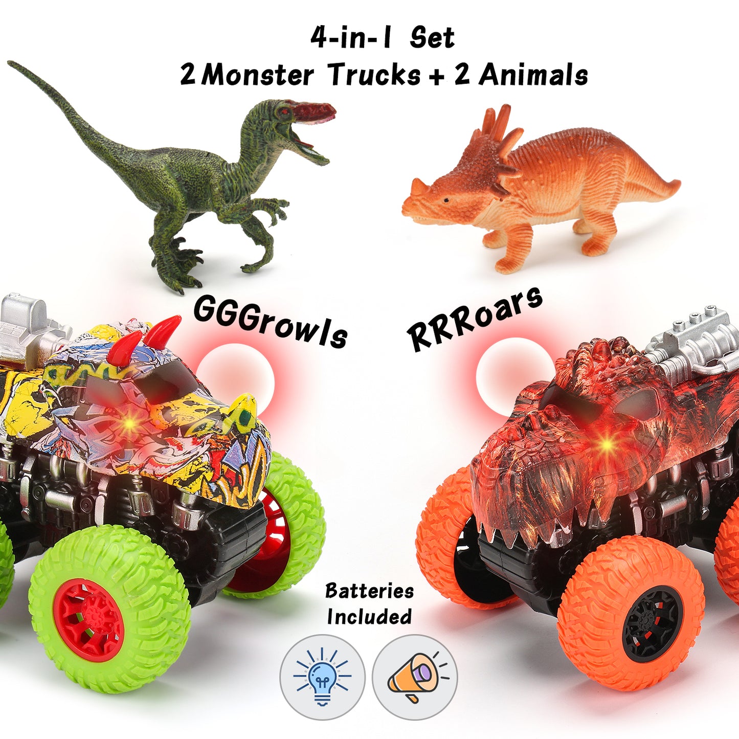 Набор игрушек Monster Truck - 2 грузовика с динозаврами + 2 игрушечных динозавра